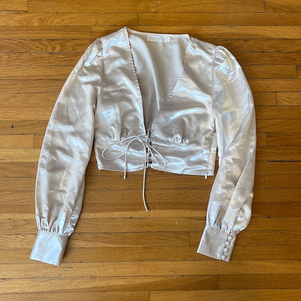 Satin Cream Colored Long Sleeved Cropped Blouse